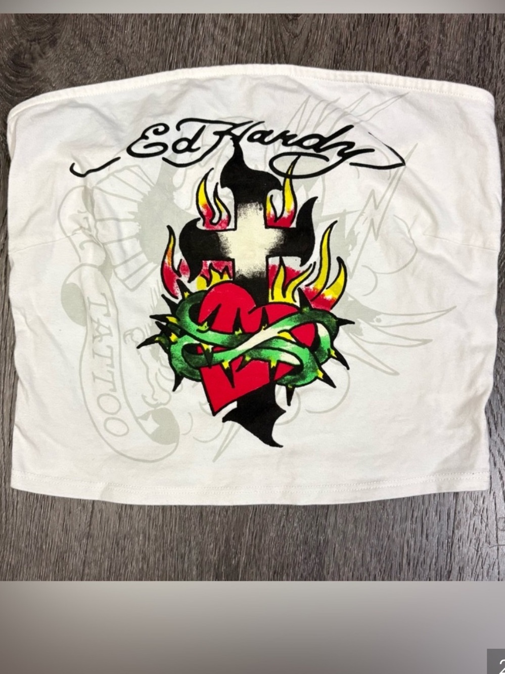 Ed Hardy White Strapless Tattoo Heart Flame Tube Top - Picture 2 of 4
